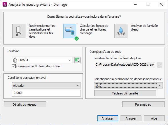 Autodesk Civil 3D Aide, A propos de l'analyse et du dimensionnement d'un  réseau de canalisations gravitaires