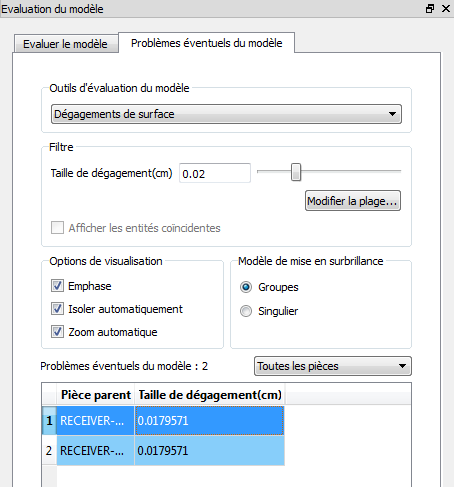 boîte de dialogue d'évaluation du modèle