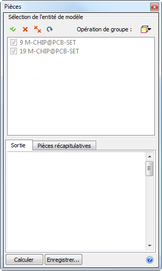 boîte de dialogue Pièces
