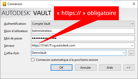 Image de la fenêtre de connexion de Vault Client, avec une annotation pointant vers le champ Serveur indiquant « https://' est requis ».