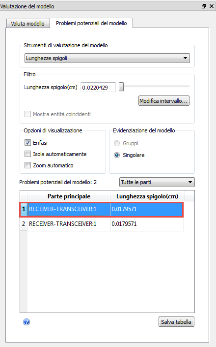 finestra di dialogo di valutazione modello