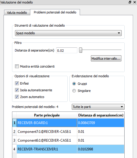 selezione di spazi nel modello