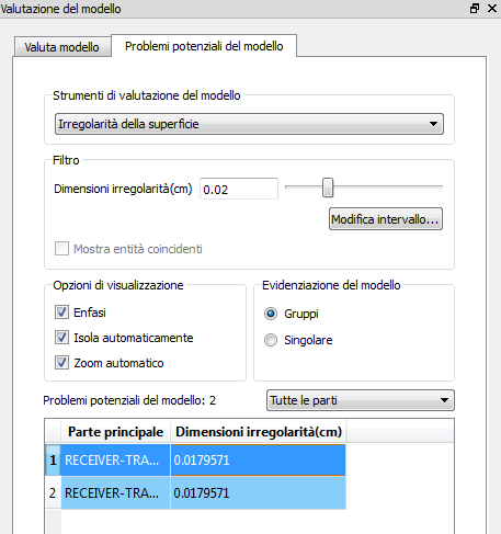 finestra di dialogo di valutazione modello