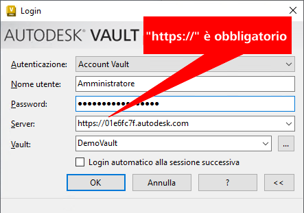 Immagine della finestra "Login" di Vault Client, con un'annotazione che si riferisce al campo Server che indica che "'https:// è obbligatorio'".