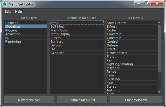 Maya ヘルプ | メニュー セット エディタ(Menu Set Editor) | Autodesk
