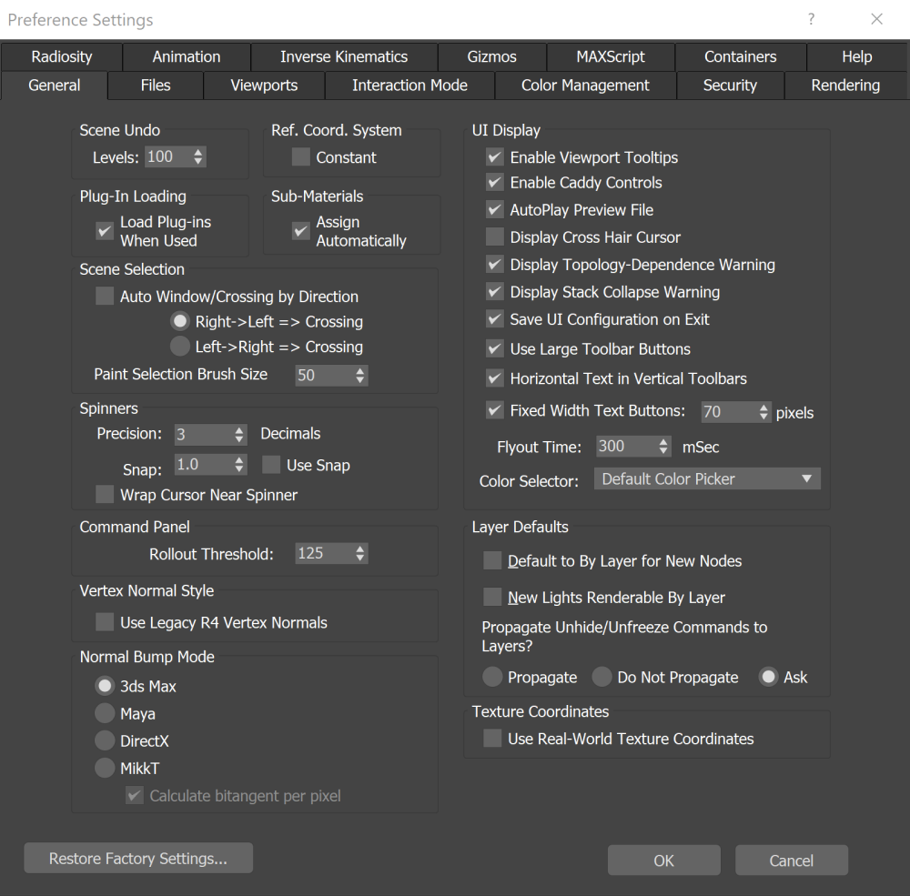 Screenshot of the Preference Settings window in 3ds Max.