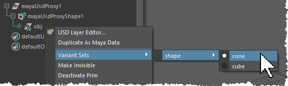 Selecting a variant in Maya's Outliner