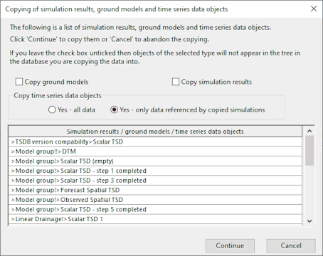 Copying of Simulation Results, Ground Models and Time Series Databases Dialog
