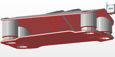 The hollowed-out GE bracket with surfaces requiring support. Cluster detection found a separate cluster on an otherwise continuous surface. Cluster detection finds a separate cluster