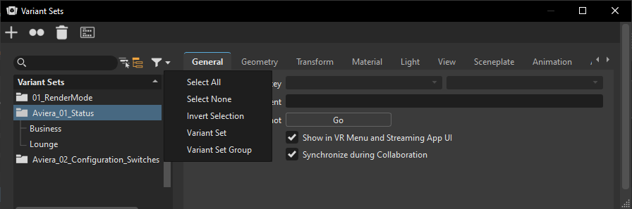 Variant Sets Filter context menu