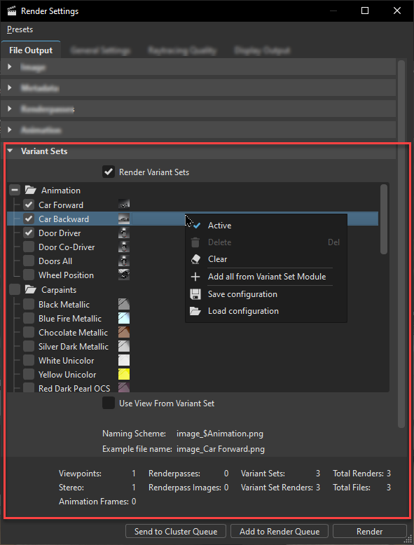 Variant Sets section of the Render Settings