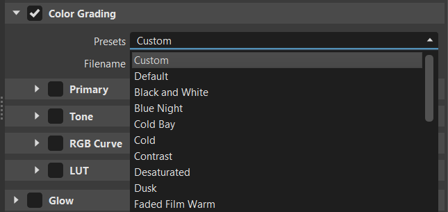 Color Grading Presets list