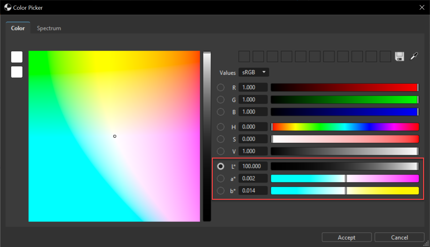 New L, a, and b color space values