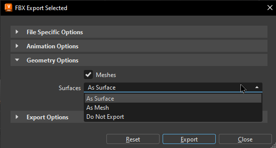 FBX export of the Geometry Options section