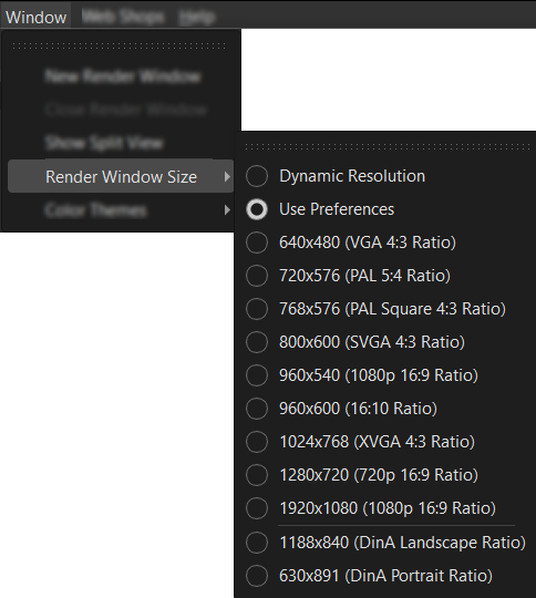 Window > Render Window Size menu options