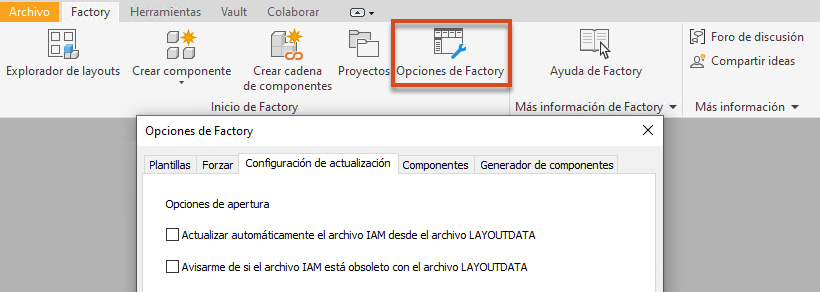 Cuadro de diálogo Opciones de Factory