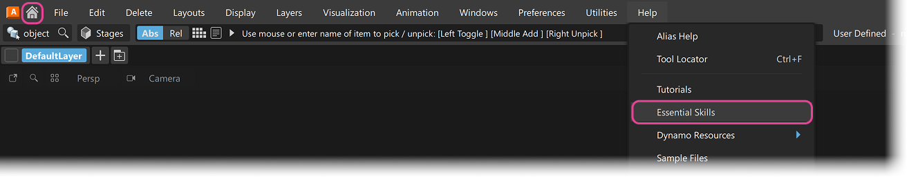 “Home”图标在左上角高亮显示，“Help”>“Essential Skills”沿菜单栏高亮显示