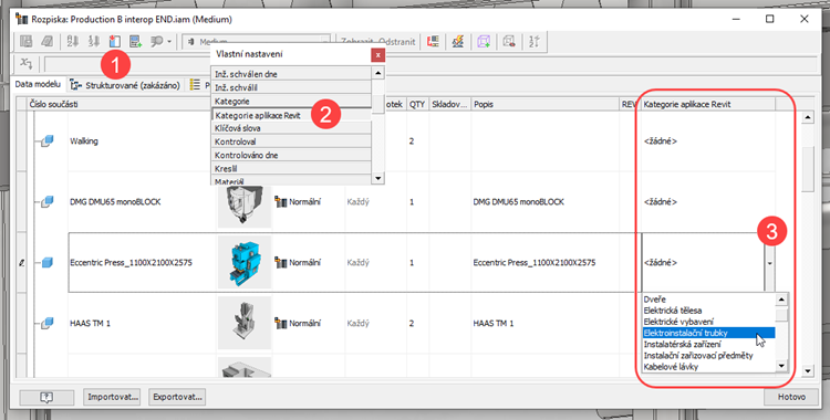 Kategorie aplikace Revit v rozpisce