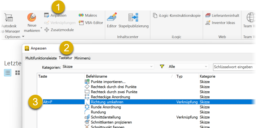 Kurzbefehl zum Umkehren von Bemaßungen