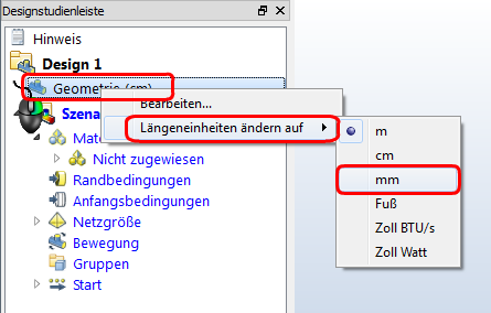 Einheiten ändern in mm