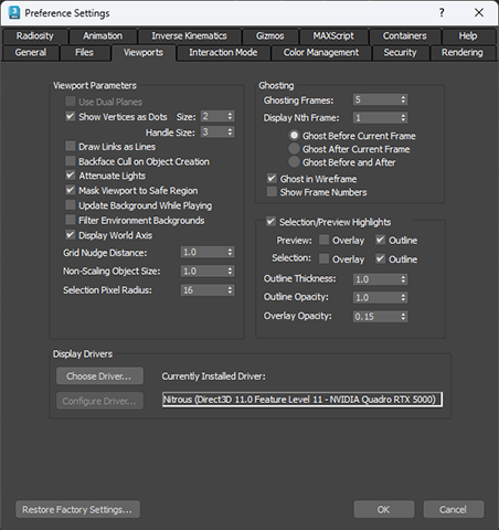 Viewport tab in the Preference Settings window displaying options to change your viewport settings.