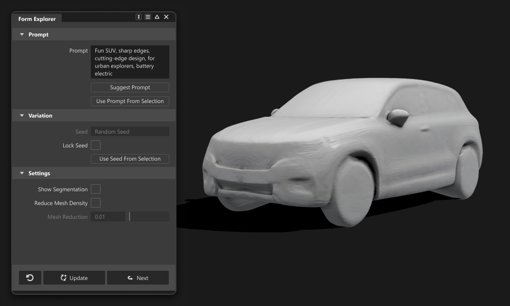 Form Explorer Control window and a generated mesh of an SUV.