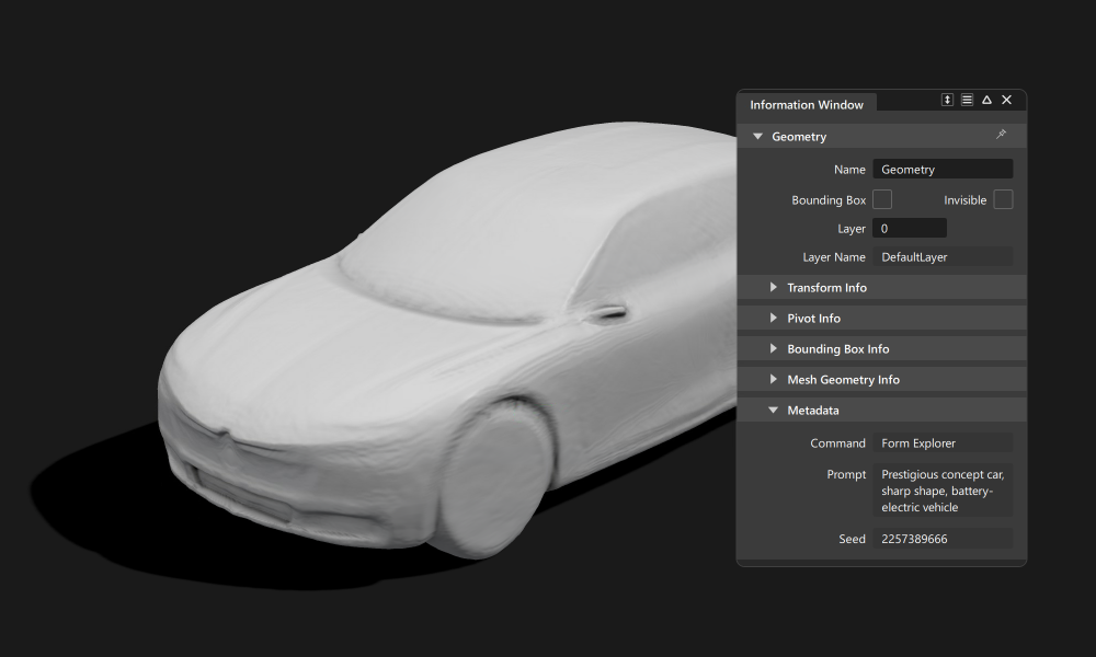 A mesh of a car in the viewport and the Information Window with metadata showing Command, Prompt and Seed.