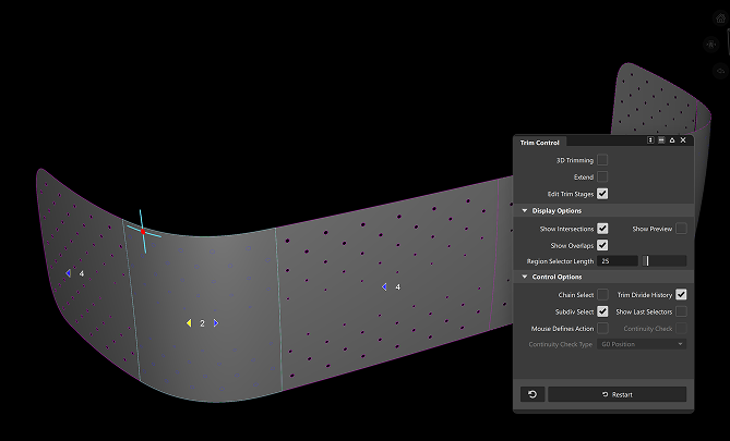 A model of a portable speaker screen panel with the Trim tool active and reviewing trim stages