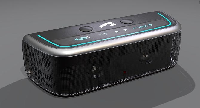 A model of a portable speaker rendered with the VRED Renderer