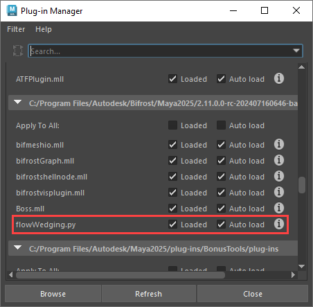 `flowWedging.py` in Maya's Plug-in Manager
