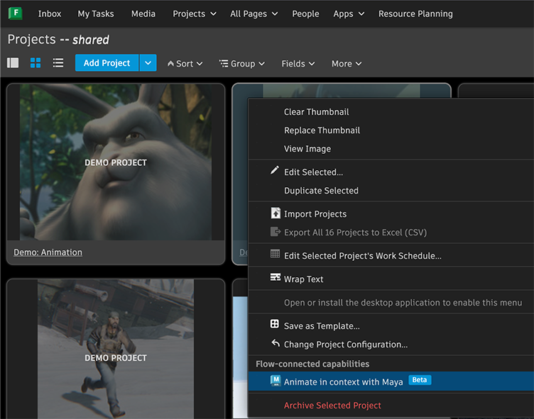 contextual menu Animate in Context with Maya