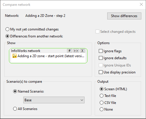 Compare network dialog
