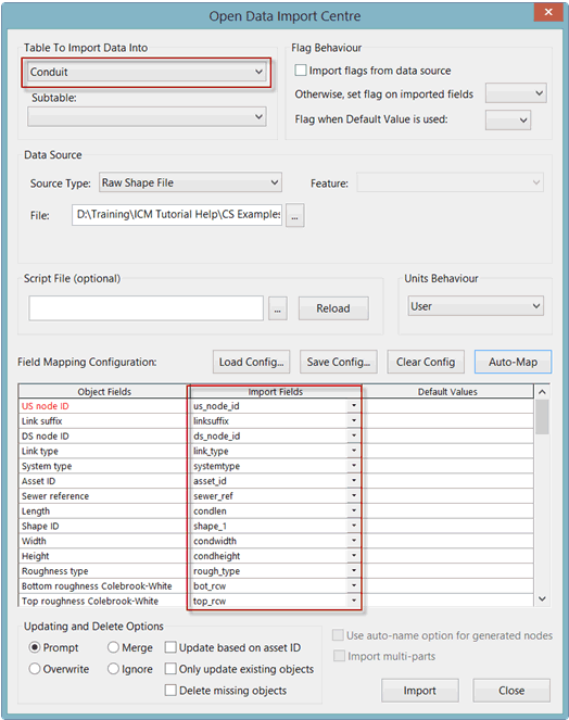 Open Data Import Centre Dialog for Conduits