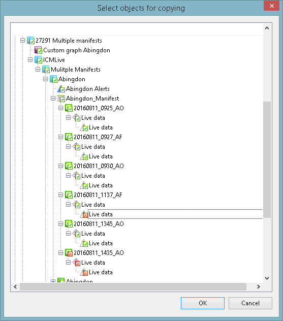Select manifest objects for copying window