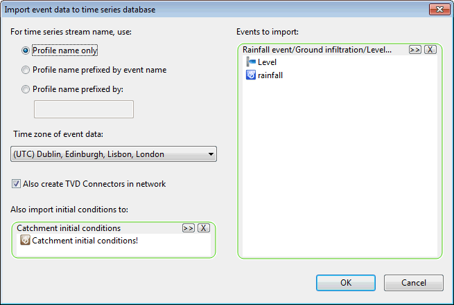 Import event data to time series database dialog