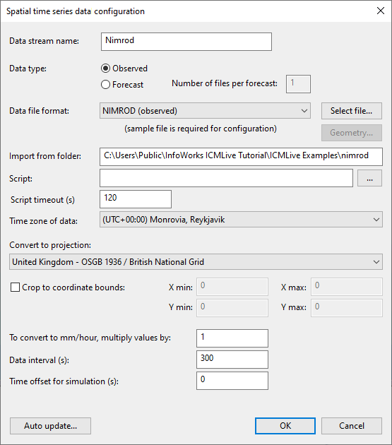 Spatial Time Series Database Configuration Dialog