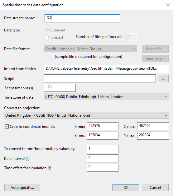 Spatial time series database configuration dialog
