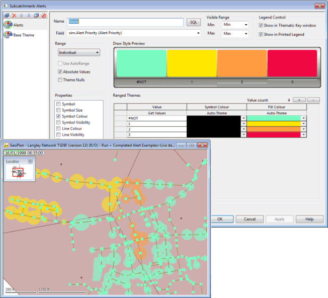 Example of GeoPlan alert theme on a selection of subcatchments