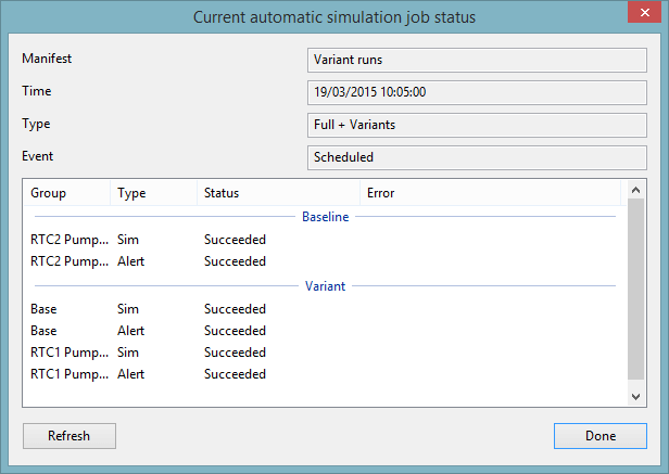 Current automatic simulation job status dialog