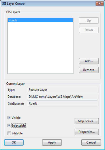 GIS Layer Control ArcObjects dialog