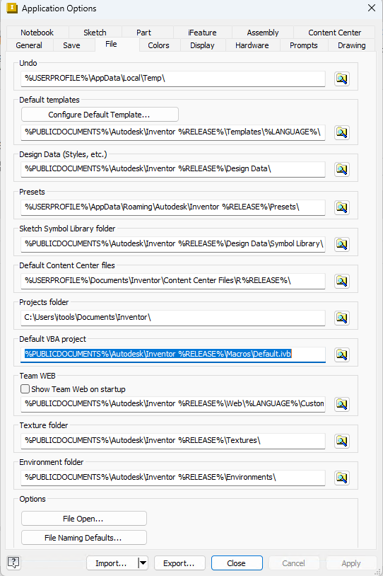 Application options dialog