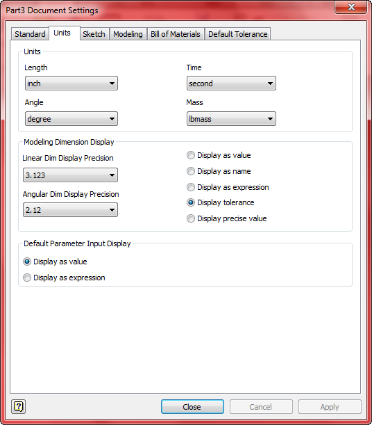 Units dialog