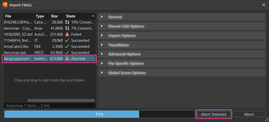 Import File(s) with Aborted