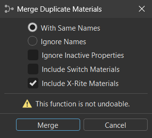 Merge Duplicate Materials dialog