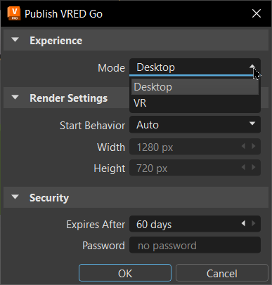 Publish VRED Go dialog