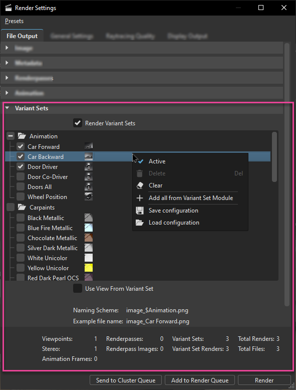 Variant Sets section of the Render Settings