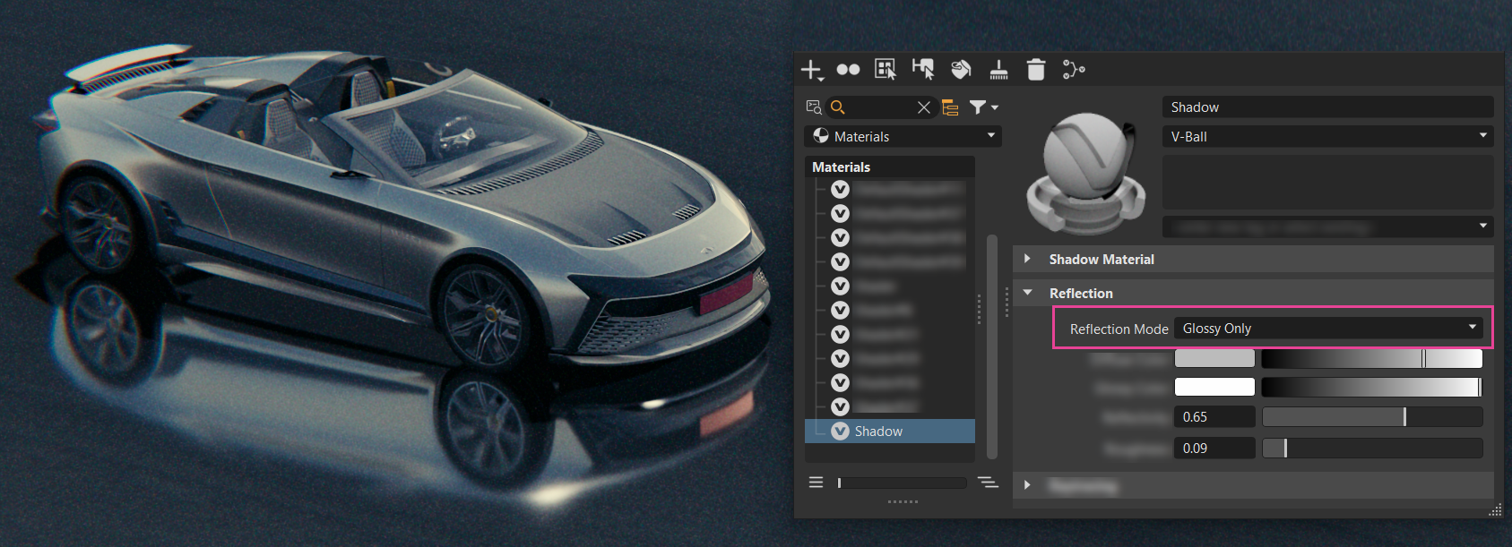 Shadow material with raytraced glossy reflections
