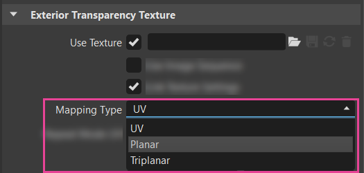 Exterior Transparency Texture section showing the mapping types