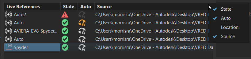 Menu for setting the displayed columns