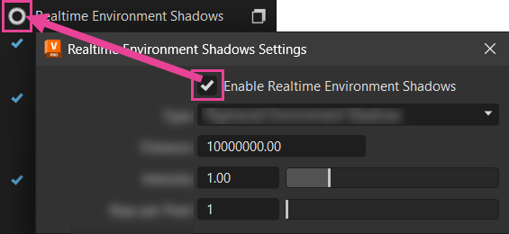 Realtime Environment Shadows enabled and option box